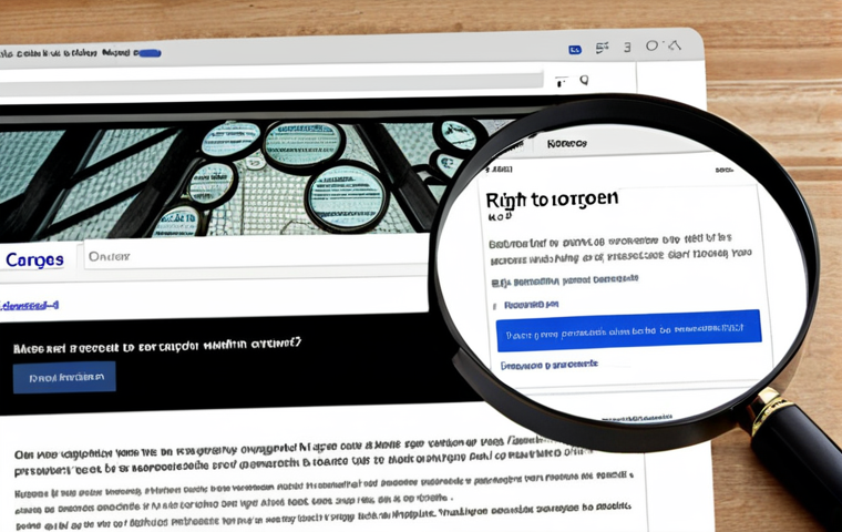 **
A person submitting a "right to be forgotten" request on a website interface, with a magnifying glass hovering over old online posts fading into the background. The style should be clean, modern, and slightly abstract, emphasizing digital privacy.
**