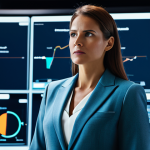 A professional female executive in a modest business suit, observing large, glowing holographic data displays that visualize real-time online sentiment and trend analytics. The setting is a sleek, modern crisis management center with subtle futuristic elements. Her expression is focused and calm, demonstrating control and strategic foresight. Fully clothed, modest clothing, appropriate attire, professional dress, safe for work, appropriate content, professional, family-friendly, perfect anatomy, correct proportions, natural pose, well-formed hands, proper finger count, natural body proportions, professional photography, high quality.